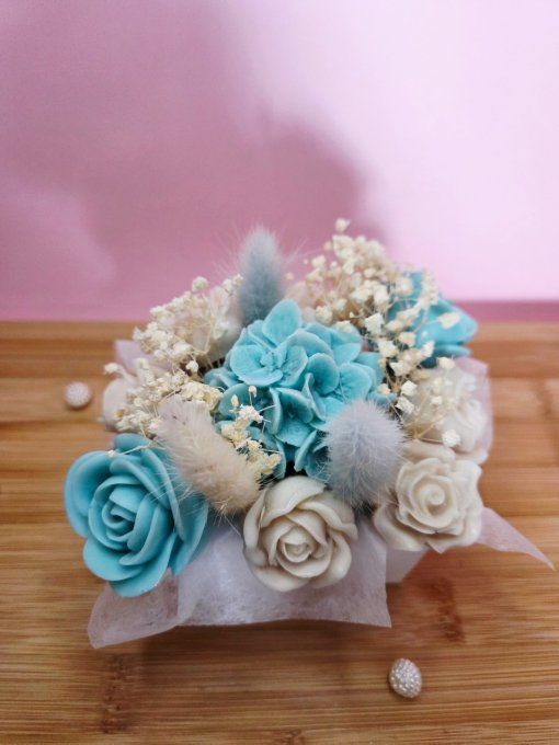Bouquet Turquoise & Blanc | Parfum Muguet | Pot Jesmonite HOME