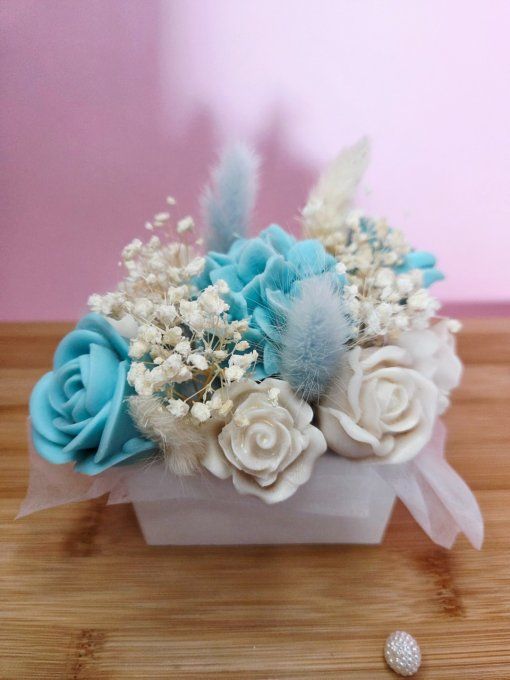 Bouquet Turquoise & Blanc | Parfum Muguet | Pot Jesmonite HOME